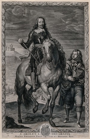 view King Charles I on horseback wearing armour, a page at his side is holding his helmet; battle in the background. Engraving by P. Lombart,  166-, after A. Van Dyck.