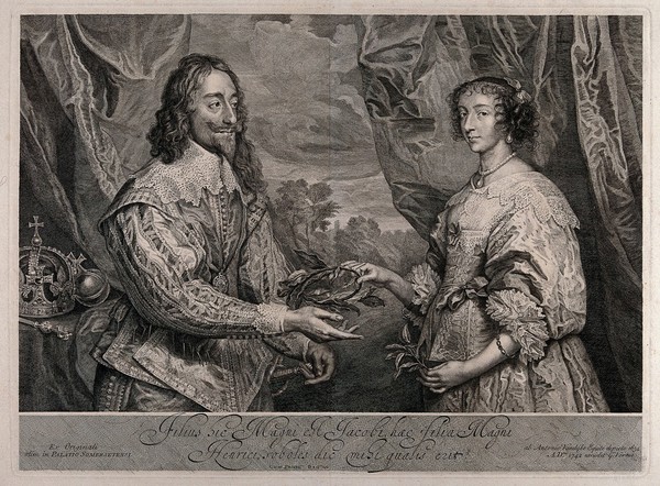 King Charles I and Queen Henrietta Maria. Engraving by G. Vertue, 1742, after A. van Dyck.