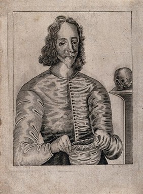 King Charles I holding holding the cap in which he was executed; a skull on pedestal to right. Etching, 16--.