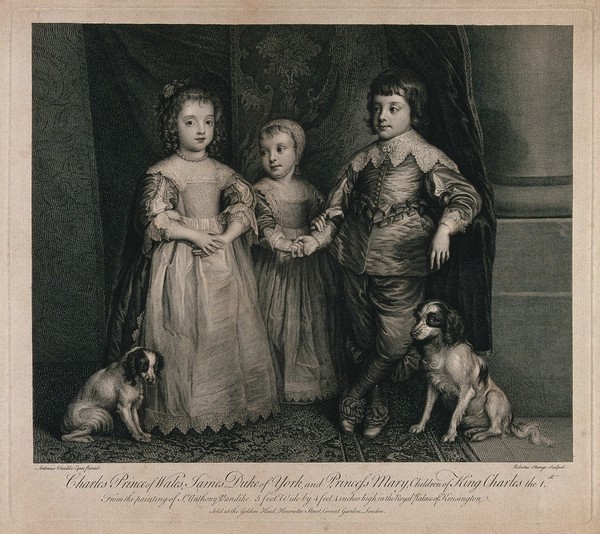 Charles Prince of Wales, James Duke of York and Princess Mary, children of King Charles I. Engraving by R. Strange after A. Van Dyck, ca. 1760.