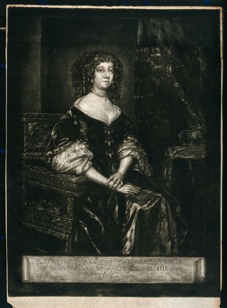 Catherine of Braganza, consort of King Charles II. Mezzotint by H. H. Quiter after P. Lely, 1678.
