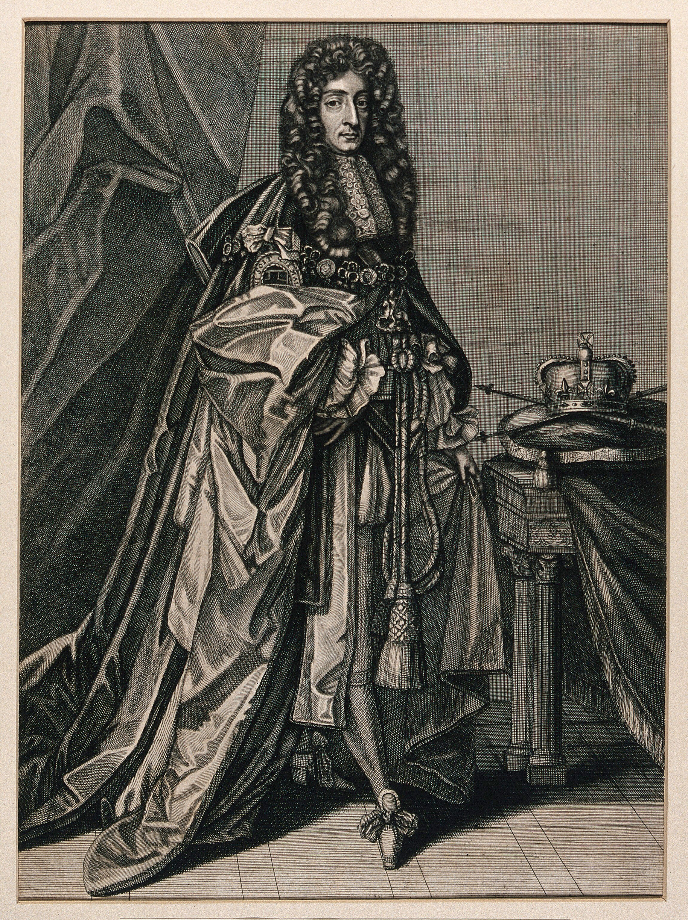 King James Ii Table With A Crown In The Background Engraving By P Landry 1693 Wellcome Collection