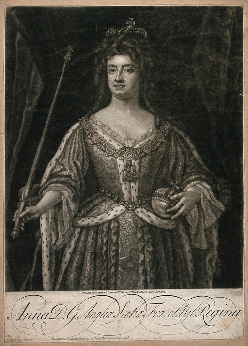 Queen Anne, holding an orb and a sceptre.