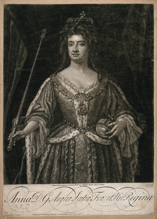 Queen Anne, holding an orb and a sceptre. Mezzotint by J. Faber after J. Closterman, 17--.