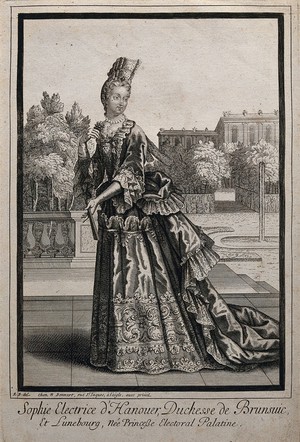 view Sophia Electress of Hanover, mother of King George I; in a garden, holding a fan. Engraving after R.B., ca. 1690.