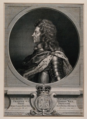 view King George I, head and shoulders, in profile. Engraving by J. Chereau after G. Kneller, 1714.