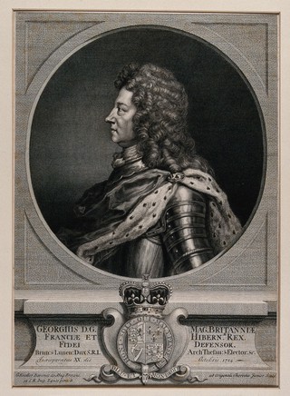 King George I, head and shoulders, in profile. Engraving by J. Chereau after G. Kneller, 1714.