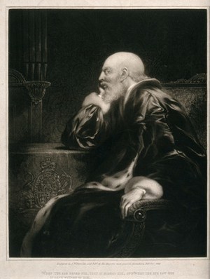 view King George III in old age, seated in an armchair. Mezzotint by S.W. Reynolds, 1820.