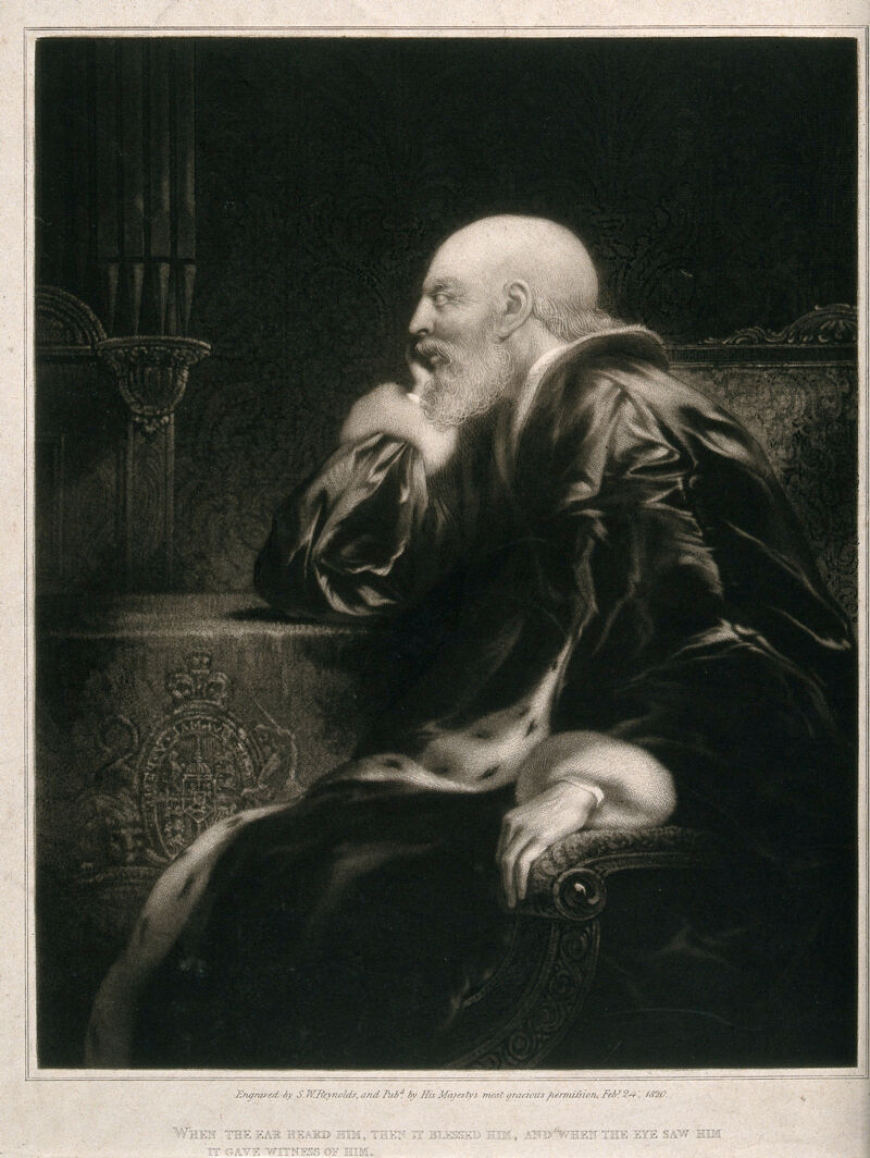 King George III in old age, seated in an armchair. Mezzotint by S.W. Reynolds, 1820., Feb.y 24 1820, by Samuel William Reynolds