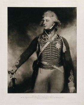 King George IV when Prince of Wales as Colonel of the tenth Light Dragoons. Photogravure, 1905, after W. Beechey.