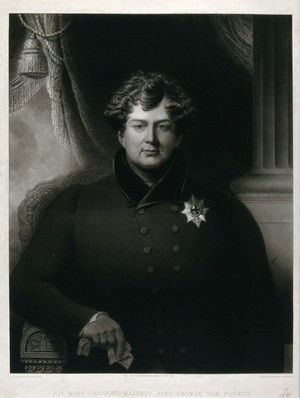 view King George IV, seated in an armchair, holding a glove in his right hand. Mezzotint by J. Bromley after R. Bowyer, 1827.