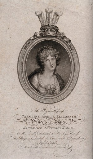 view Caroline of Brunswick, Princess of Wales, head and shoulders. Stipple print after Cornelius Höÿer, ca. 1795.