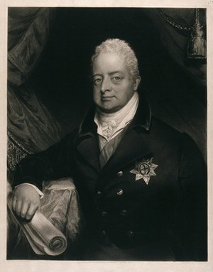 view King William IV holding a scroll of the Magna Carta in his right hand. Mezzotint by D. Lucas after R. Bowyer, 1830.