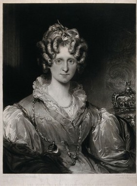 Queen Adelaide, wife of King William IV, seated; crown in the background. Mezzotint by D. Lucas after R. Bowyer, 1831.