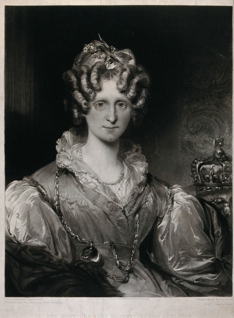 Queen Adelaide, wife of King William IV, seated; crown in the background. Mezzotint by D. Lucas after R. Bowyer, 1831., 2 April 1831, by Robert Bowyer