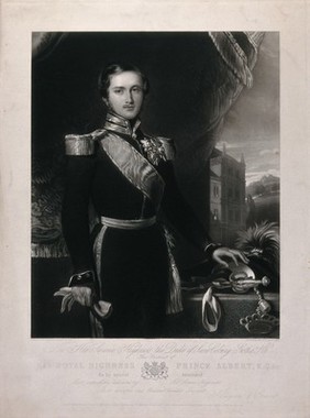 Prince Albert wearing a military uniform; royal residence in the background. Mezzotint by C.E. Wagstaff after G. Patten, 1840.