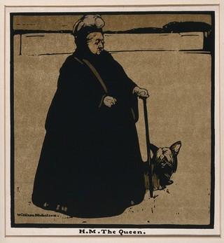 Queen Victoria at the age of seventy eight, holding a walking stick; a dog beside her. Lithograph after W. Nicholson, ca. 1897.