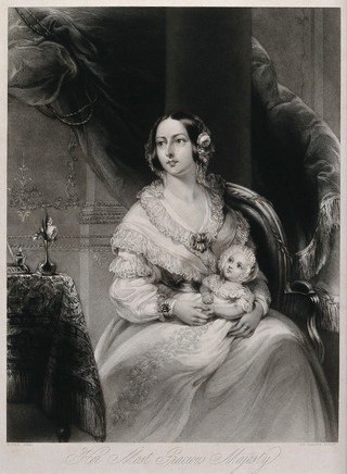 Queen Victoria with the infant Princess Victoria on her lap. Mezzotint by G.H. Phillips after E. Cole, 1841.