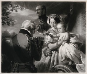 view The Duke of Wellington is presenting a birthday casket to his godson Prince Arthur (later Duke of Connaught) in the presence of Queen Victoria and Prince Albert. Mezzotint by S. Cousins after F.X. Winterhalter, 1 May 1851.