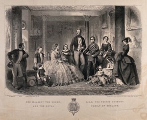 view Queen Victoria and Prince Albert surrounded by their nine children. Engraving by Best after Lake Price.