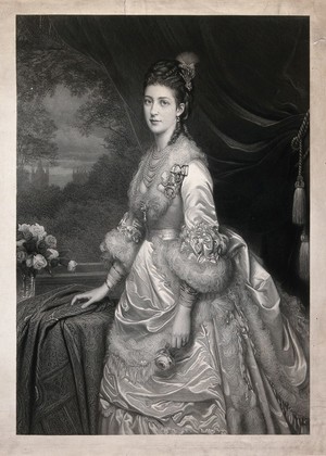 view Alexandra Princess of Wales, standing and holding a rose. Engraving by J. Ballin after H.B. Olrik, 1873.