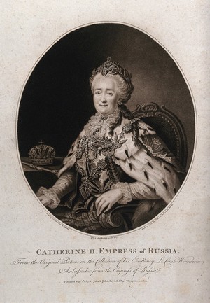 view Catherine II in lavish dress, seated in an armchair; crown on a table in the background. Stipple print by C. Watson after A. Roslin, 1787.