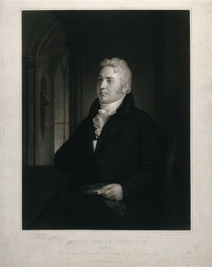 view Samuel Taylor Coleridge aged 42, seated on a chair, a book in his left hand; gothic window in the background. Mezzotint by S. Cousins, 1854, after W. Allston, 1814.