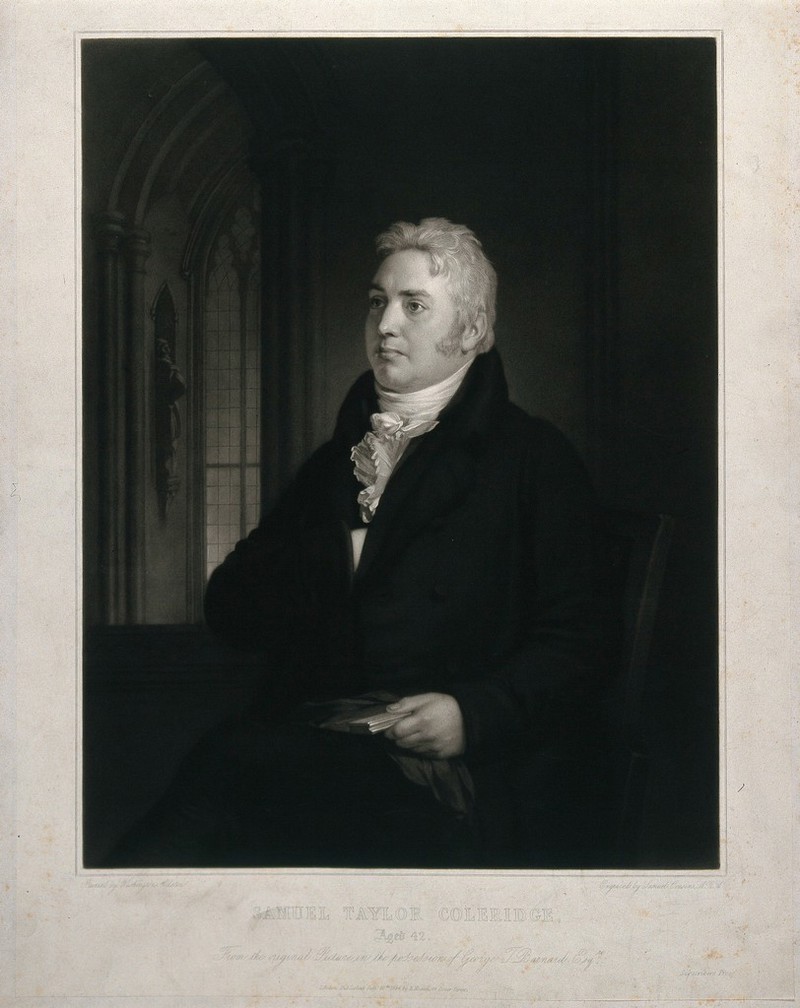 Samuel Taylor Coleridge aged 42, seated on a chair, a book in his left hand; gothic window in the background. Mezzotint by S. Cousins, 1854, after W. Allston, 1814., 10 July 1854, by Washington Allston