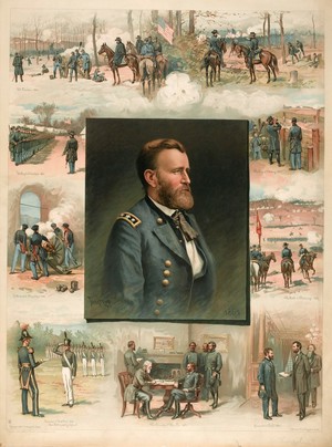 view General Ulysses S. Grant: events of his military career around the central portrait. Chromolithograph after Tholstrup, ca. 1865.