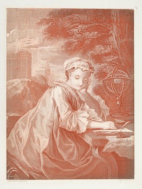 A young woman, seated outdoors, with an armillary sphere or similar instrument, looking pensive. Colour engraving by E. Jeaurat.