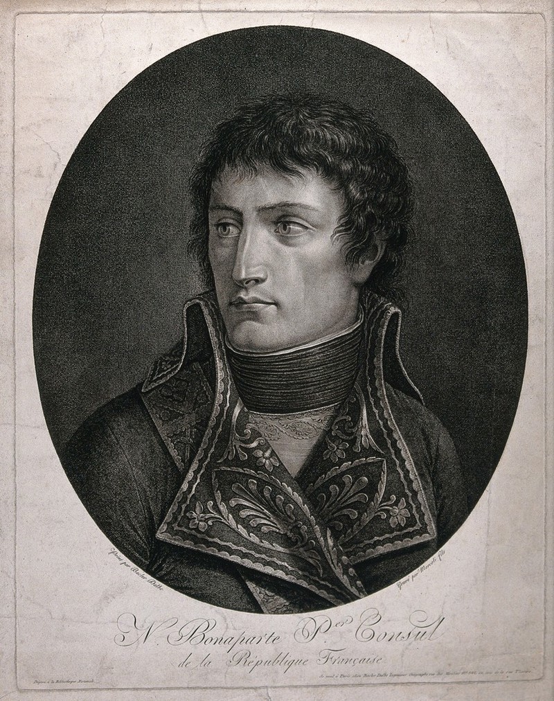 Napoleon Bonaparte: head and shoulders. Stipple print by M. Mercoli after L. Bacler d'Albe., [1800?], by Louis Albert Guislain Bacler d'Albe