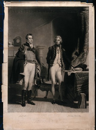The Duke of Wellington and Lord Nelson standing in a room by a table; Nelson pointing at a map of Southern Europe. Mezzotint by S.W. Reynolds after J.P. Knight, ca. 1839.