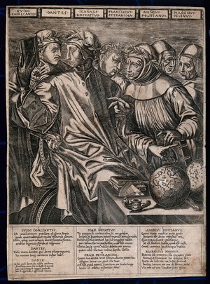 view Six Italian men of letters. Engraving after G. Vasari, 1543.