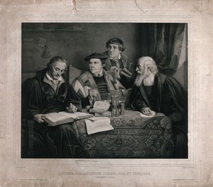 view Four Protestant reformers translating the Bible. Lithograph by L. Noel after P.A. Labouchère, 1847.