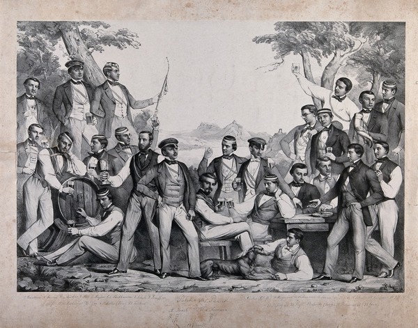 Members of a German students' and alumni organization (Studentenverbindung) standing outdoors, drinking beer; a mountainous river landscape in the background. Lithograph, ca. 1831.