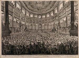 view The installation of the Earl of Westmorland as Chancellor of Oxford University in the Sheldonian Theatre at Oxford. Engraving by T. Worlidge, 1761.
