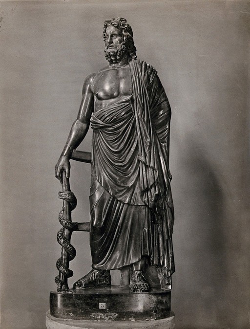 Aesculapius: the Greek god of healing. Photograph, 1900/1920 (?), of a sculpture.