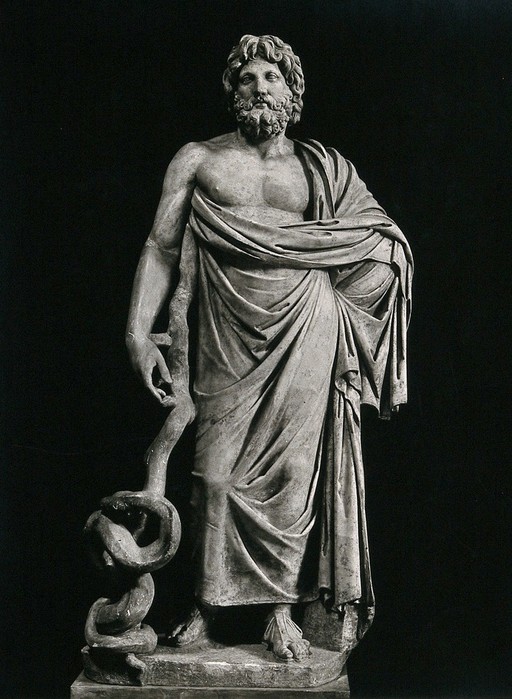 Aesculapius: the Greek god of healing. Photograph, 1900/1920 (?), of a sculpture.