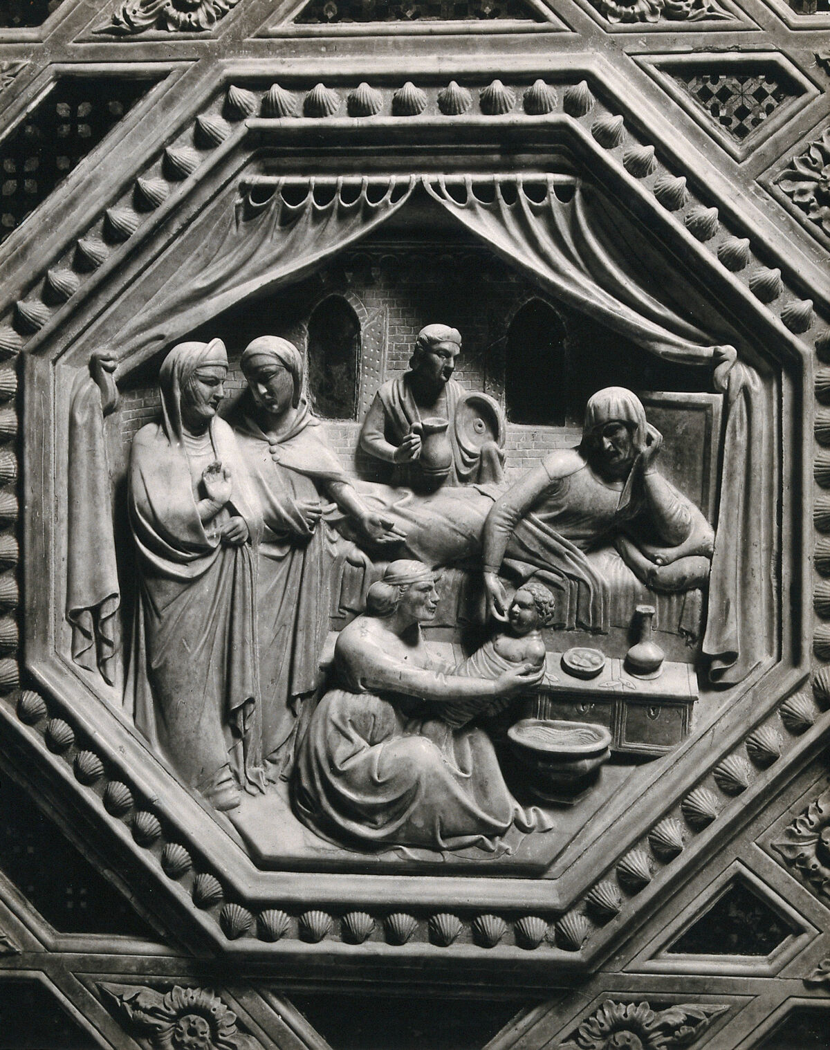 The Orcagna tabernacle, Orsanmichele church, Florence, Italy: the birth of the Virgin. Photograph by Giacomo Brogi (?) ca. 1870, of a marble bas-relief by Orcagna, ca. 1359., 1870, by Giacomo Brogi