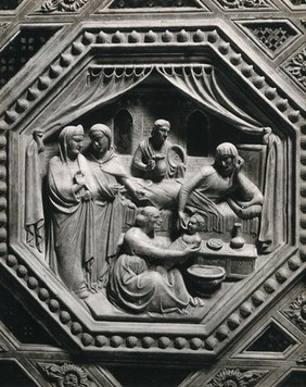 The Orcagna tabernacle, Orsanmichele church, Florence, Italy: the birth of the Virgin. Photograph by Giacomo Brogi (?) ca. 1870, of a marble bas-relief by Orcagna, ca. 1359.