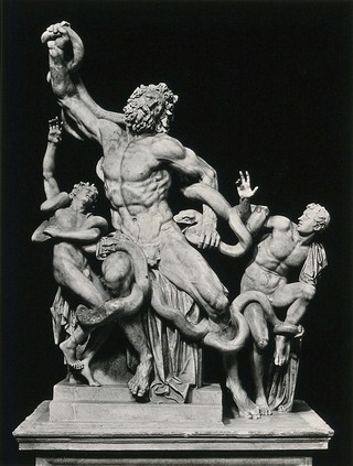 Laocoön and his sons, attacked by sea snakes. Photograph, ca. 1870, of a sculpture by Agesander of Rhodes.