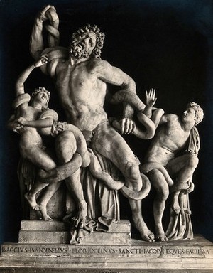 view Laocoön and his sons, attacked by sea snakes. Photograph, ca. 1870, of a sculpture by Baccio Bandinelli, ca. 1530, after a sculpture by Agesandro of Rhodes, ca. 50 (?).
