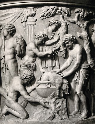 Dionysian rites: a pig being sacrificed. Photograph, ca. 1870 (?), of a Roman (marble ?) bas-relief.