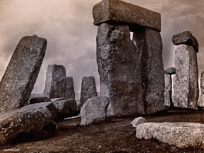 Stonehenge, England: view of leaning stone (left) in relation to other stones, prior to straightening. Photograph, 1901.