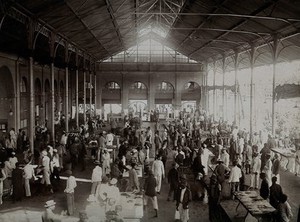 view Maputo (formerly Lourenço Marques), Mozambique: the market building, interior, showing stalls and customers. Photograph, ca. 1900.