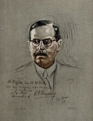 Bernardo Alberto Houssay: head and shoulders portrait. Colour photolithograph, ca. 1935.