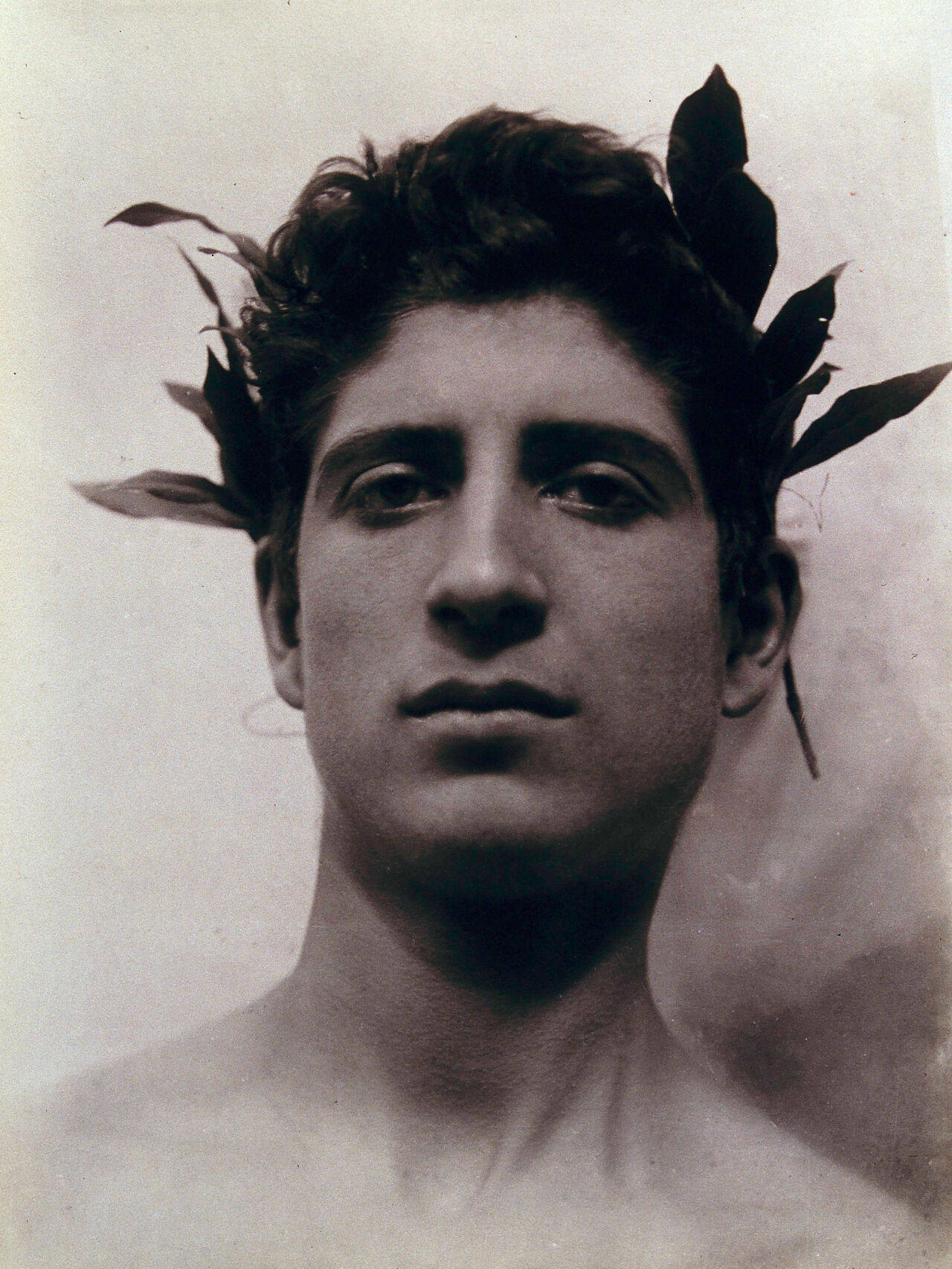 Head of a Sicilian boy posing, crowned with laurel leaves. Photograph by W. von Gloeden, 1902., March 1902, by Wilhelm von Gloeden