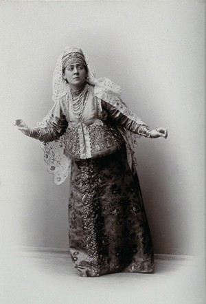 view A woman posing in a photographic studio, wearing an embriodered dress.