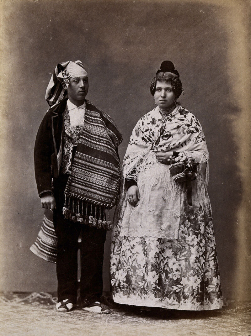 People of Valencia, a man and woman wearing traditional dress., [approximately 1880], by Jean Laurent
