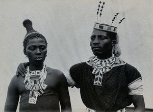 view An African man and woman embracing. Photograph, ca.1900.